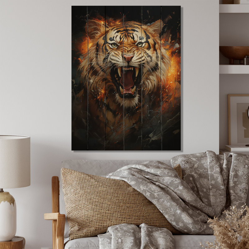 Portrait d'un tigre brun sur bois, H 20 po x l 10 po x P 0,78 po