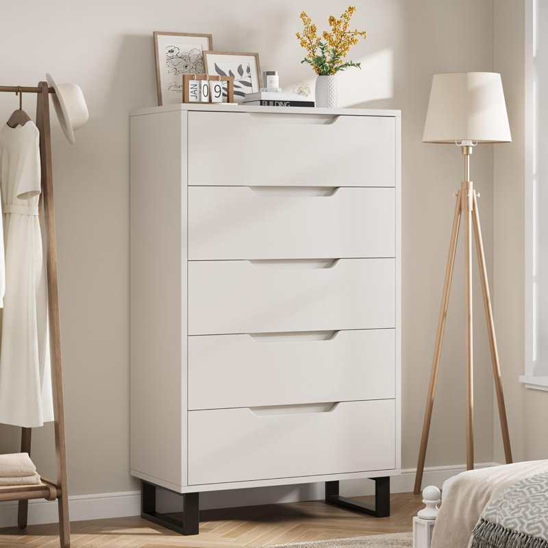 5-Drawer White Wooden Dresser, 50" Tall Vertical Chest for Bedroom, Living Room, Hallway, White