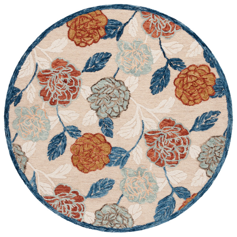 Palash Wool Cotton Performance Floral Rug in Beige/Red, Round 6'