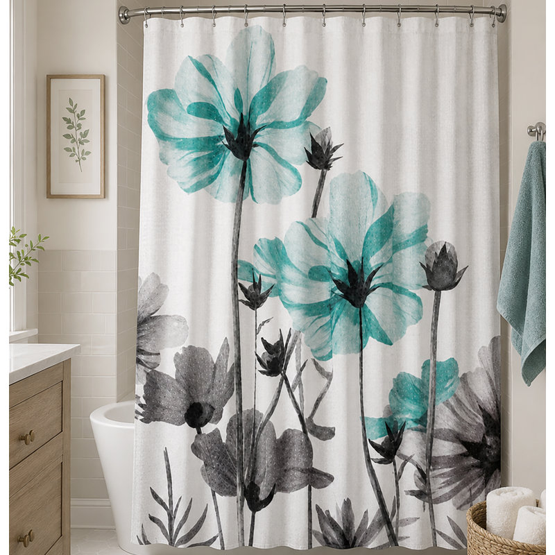 Tapis de bain en chenille épaisse et peluche vert turquoise avec rideau de douche à motifs floraux et crochets - Ensemble de 15 pièces