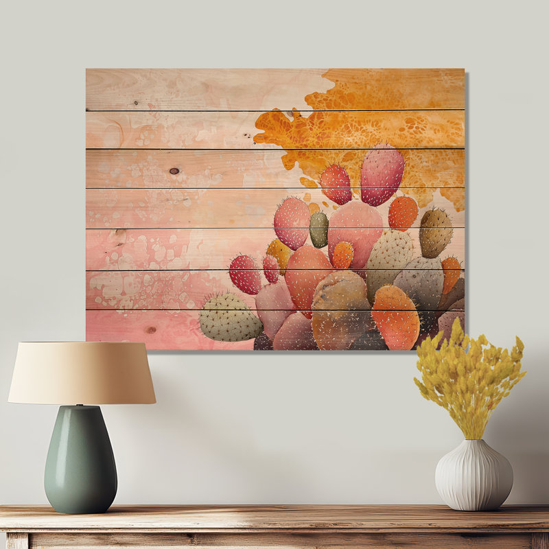 Velvet Pulse Of Cactus II - Art mural traditionnel en bois sur bois de pin naturel, H 24 po x l 32 po
