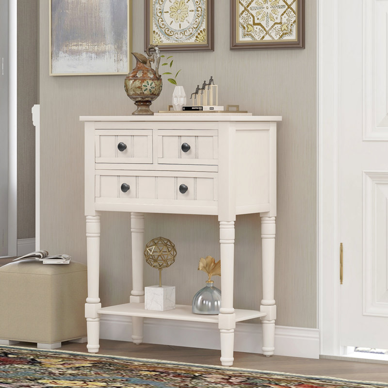 Console étroite, canapé mince avec trois tiroirs de rangement et tablette inférieure, Blanc