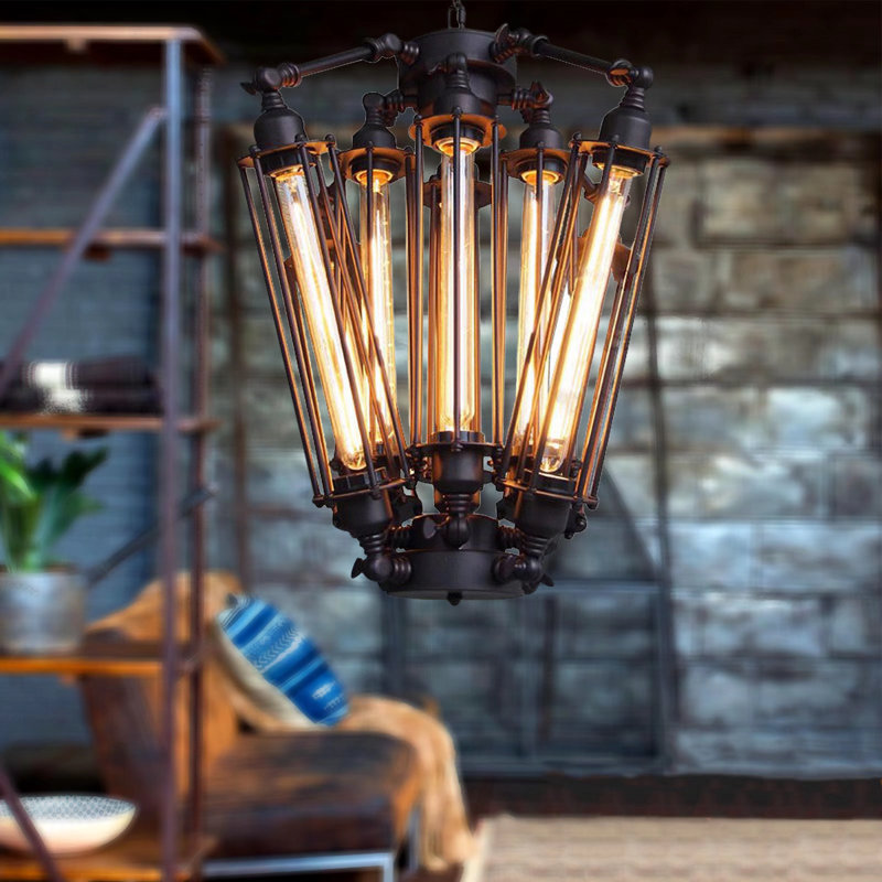 8-Light 22.4" Steampunk Geometric Chandelier, Adjustable Black Iron Pendant Light with E26 Base