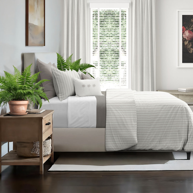 Pacific Stripe Reversible Cotton Duvet Cover Set, Full Duvet Cover + 2 Standard Shams, Mushroom