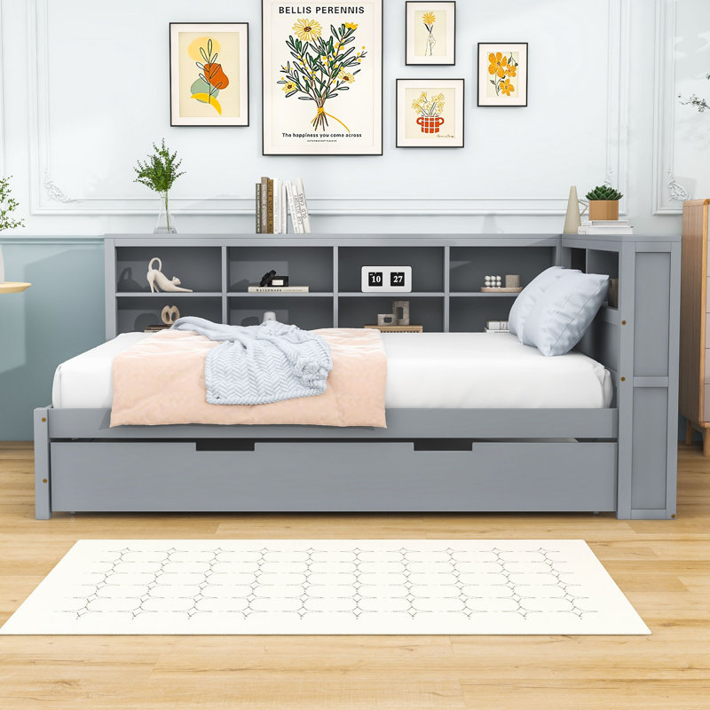 Wood Daybed with Twin Trundle, Shelves and Charging Station, Gray, Full
