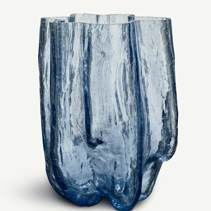 Crackle Glass Table Vase, Blue, 14.57" H x 9.84" W x 9.84" D