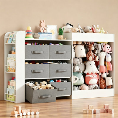 61.2"W Toy Box Storage,211L Large Stuffed Animal Storage with 6 Removable Bins,3-Tier Open Bookshelf for Kids Room, Playroom, Nursery(White)