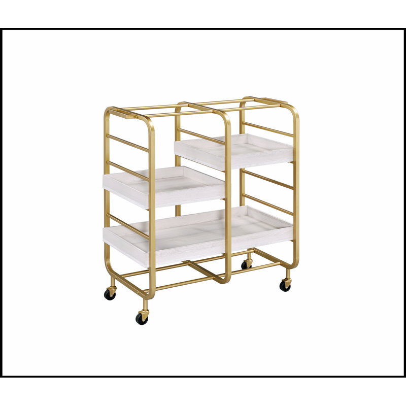 Vorrik Gold & Washed Finish Serving Cart with Adjustable Trays and Caster Wheels for Easy Mobility and Versatile Use