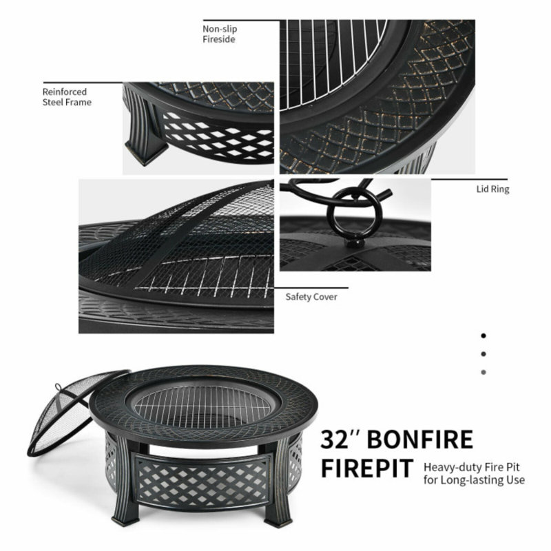 Foyer d'extérieur rond noir pour patio avec grille de cuisson pour barbecue et moustiquaire à haute résistance