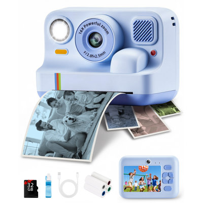 Kids Instant Print Camera 48MP with 16X Zoom, 1080P HD Video, Bluetooth, Dual Lens, 32GB Card & 4 Print Rolls
