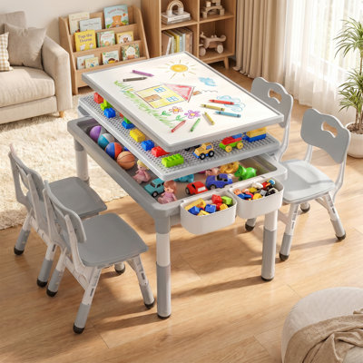 Kids Table & 4 Chairs Set, Height Adjustable Children Activity Table with/Storage, Graffiti & Building Blocks Table Top, Toddler Furniture Set for Classroom, Daycare, Home