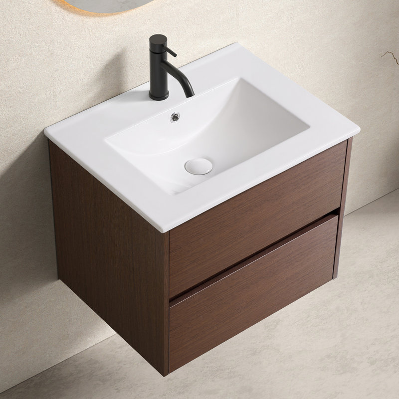 Meuble-lavabo de 61 cm (24 po) avec rangement suspendu en contreplaqué, lavabo en porcelaine cuite à 1280 °C, tiroirs à ouverture et fermeture fluides, profondeur de 57,2 cm (22,52 po), hauteur de 61 cm (24 po), en céramique à base d'argile, surface en marbre reconstitué