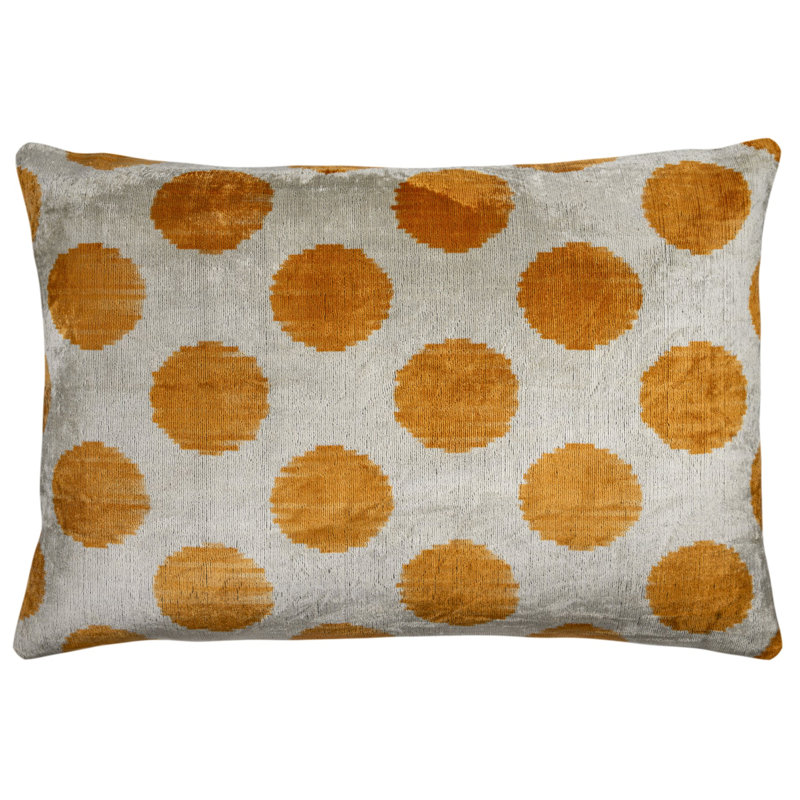 Coussin en velours fait à la main - Motif à pois moutarde doré, 16 x 24 po