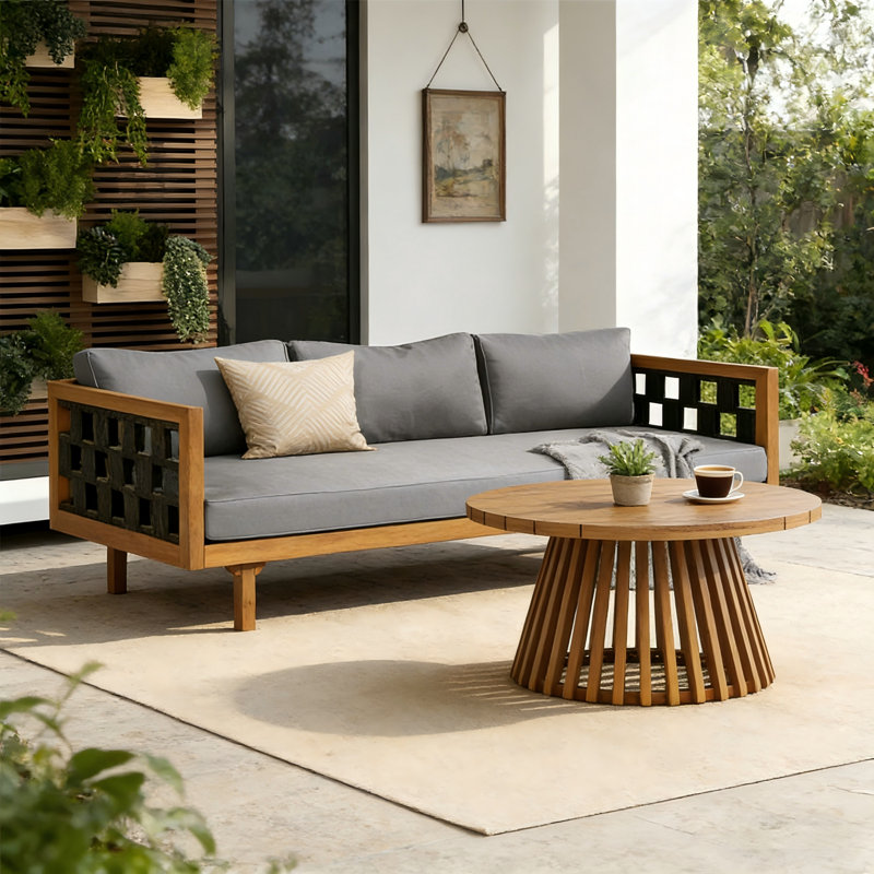 Ensemble de conversation 2 pièces en bois d'acacia avec corde tissée et coussins Clovelly, Gris foncé