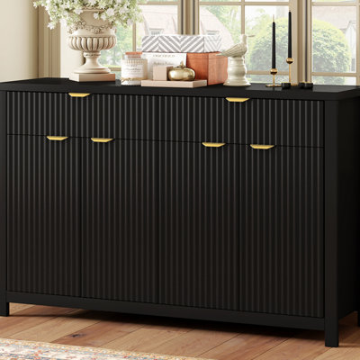 Modern 55.1'' Sideboard Buffet Cabinet With 2 Drawers & 4 Doors, Adjustable Shelves, Wave-Pattern Design, Aluminum Handles, Painted MDF, Scandinavian Storage For Dining Room, Living Room
