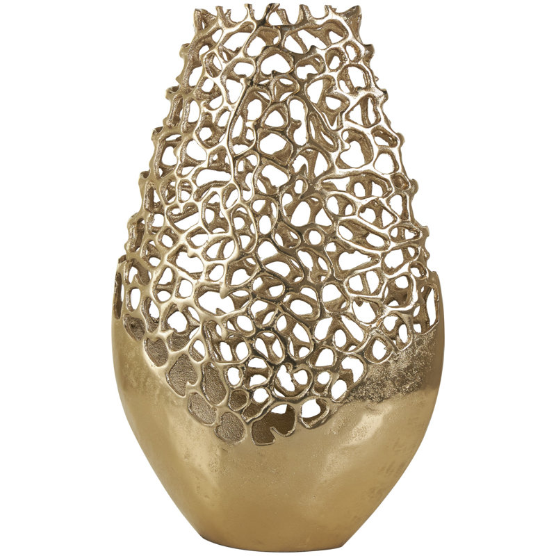 Baudel Gold Aluminum Metal Rounded Decorative Vase with Freeform Open Lattice Work, 13" x 6" x 21", Gold