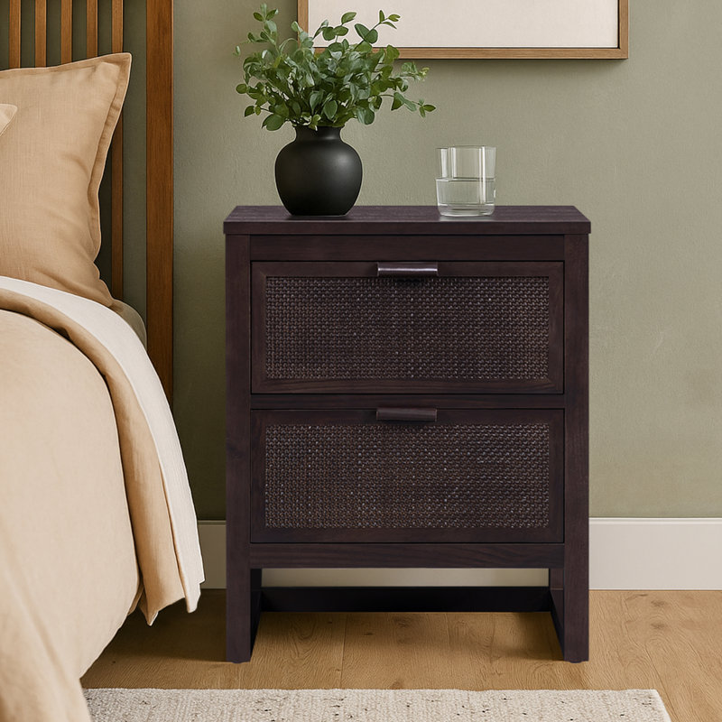 Ameer Medern Boho Solid Wood Nightstand with 2 Deep Drawers, Rattan Inlay For Bedroom Organization & Storage, Espresso