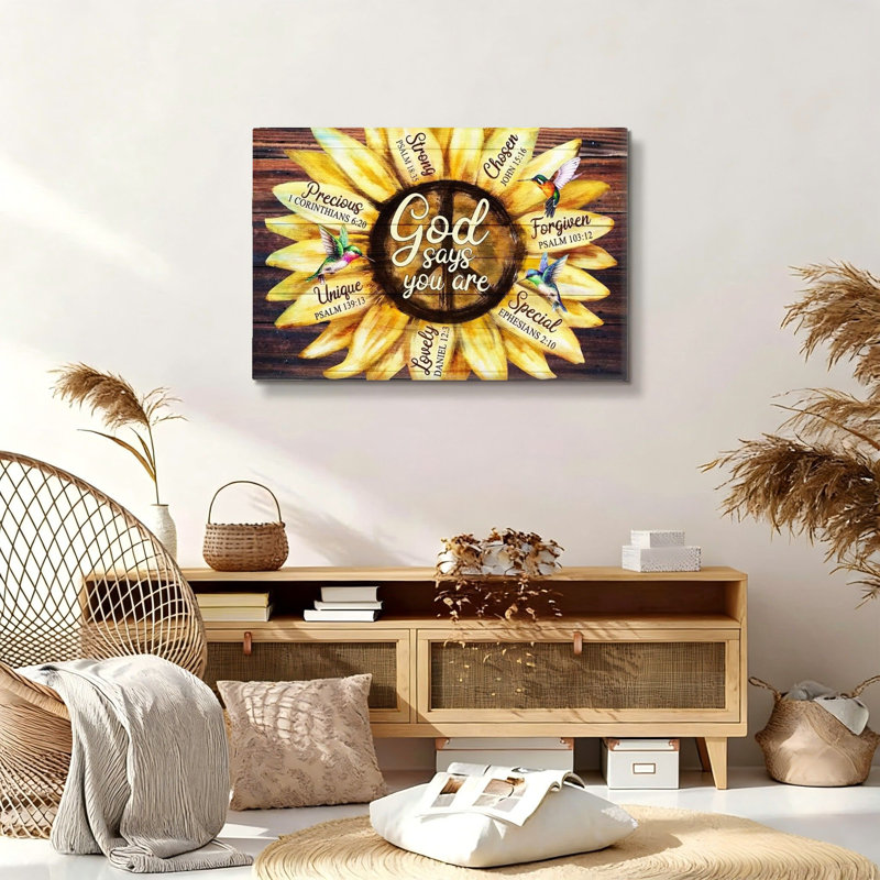 «Yellow God Says You Are», art mural encadré en bois à l'arrière, 30 L x 20 l