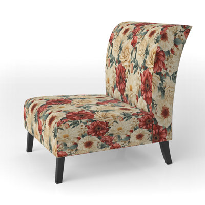 Delicate Flower Symphony - Upholstered Farmhouse Slipper Chair, Red Accent Chair
