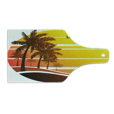 Ambesonne Tropical Tempered Glass Cutting Board Beach Palm Trees Birds Yellow Coral Brown
