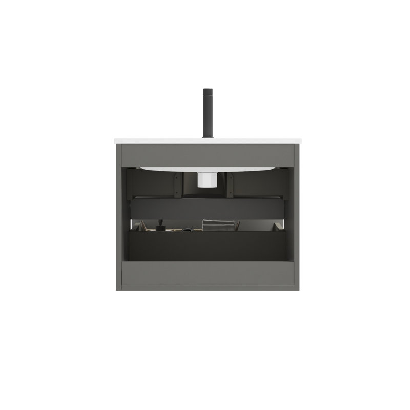 Unité de meuble-lavabo mural 24 po, lavabo en céramique gris sidéral, design moderne, rangement abondant, système de tiroir silencieux de 24 po gris, lavabo, tiroirs silencieux