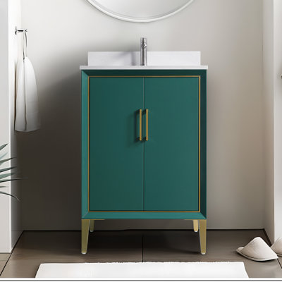 Hood-4g 24.00 In. W X 22.00 In. D X 35.00 In. H  Freestanding Bath Vanity In Green Wood With White Single Top