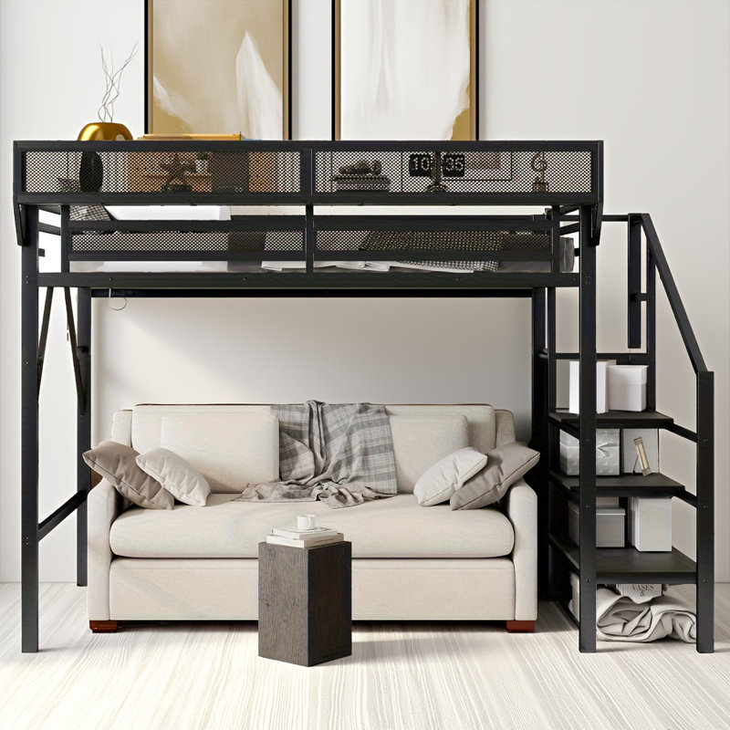 Lit mezzanine simple TG avec escalier et garde-robe, structure haute en métal avec tablettes et rangement intégrés, noir