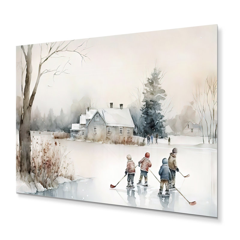 Enfants jouant au hockey en hiver II - Impression sur métal non encadrée, H 16 po x l 32 po