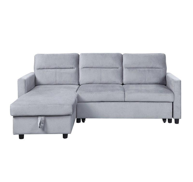 81.5"W Velvet Reversible Sleeper Sectional Sofa With Storage Chaise And Side Pocket, Light Gray Velvet