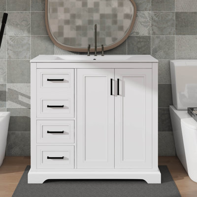 36-Inch Contemporary Bathroom Vanity Complete With Ceramic Sink, Quiet-Close Door, Adjustable Shelf, And 3 Drawers