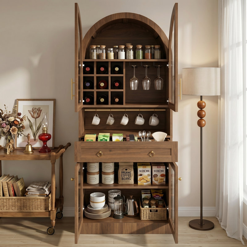 Armoire à vin 70 po de haut style Mid-Century arquée, bar à café avec portes réglables en verre trempé et porte-bouteilles