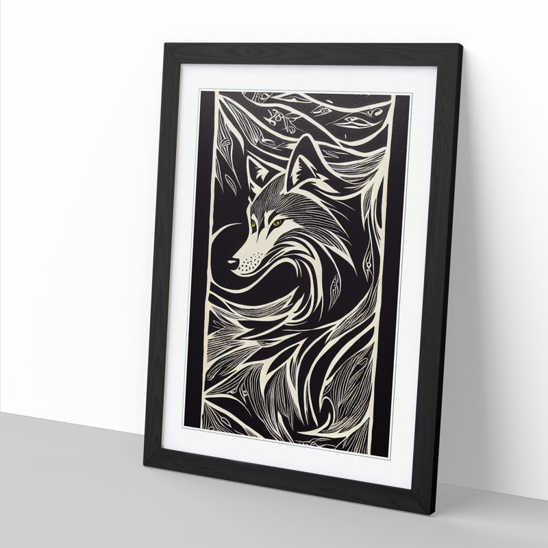 FRM-V0523-2924X Wolf Sgraffito - Single Picture Frame Print, Black, 64cm H x 46cm W x 2cm D