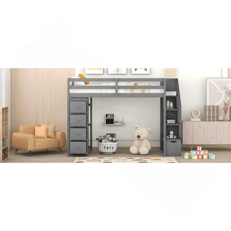 Lit mezzanine simple avec tiroirs et tiroirs de rangement, lit mezzanine en bois avec tablettes - gris, Gris