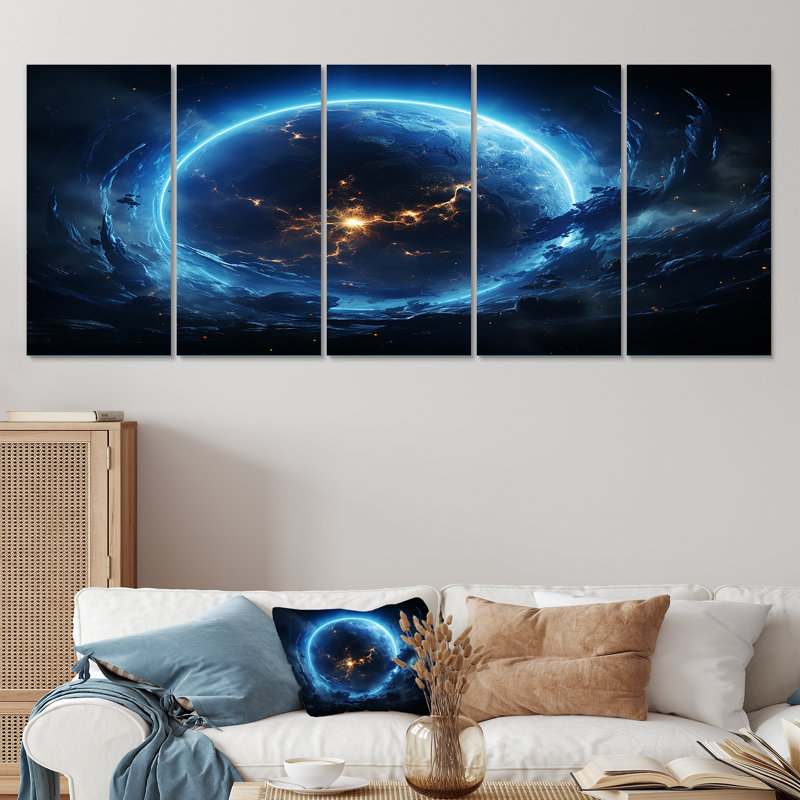 Art mural blanc et bleu, espace cosmique II - Planètes, art mural 5 pièces, H 28 po x l 60 po