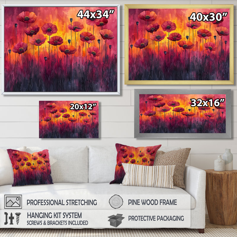 Danse d'automne des Fiery Poppies I - coquelicots, art mural, H 30 po x l 40 po, Cadre flottant doré