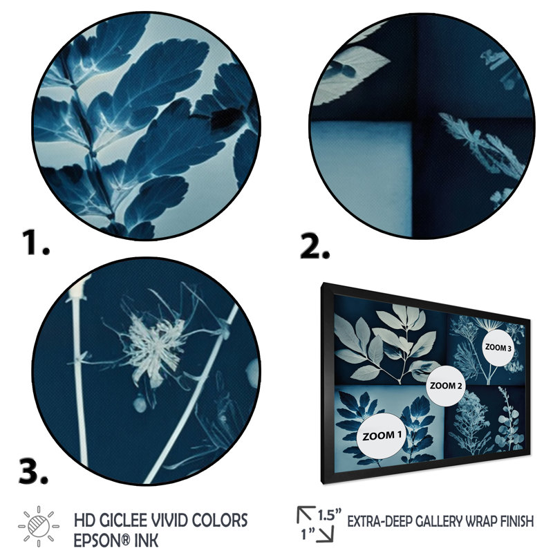 Fleurs sauvages rétro dans les tons de bleu - reproduction sur toile, H 24 po x l 32 po x P 1 po, Cadre photo noir