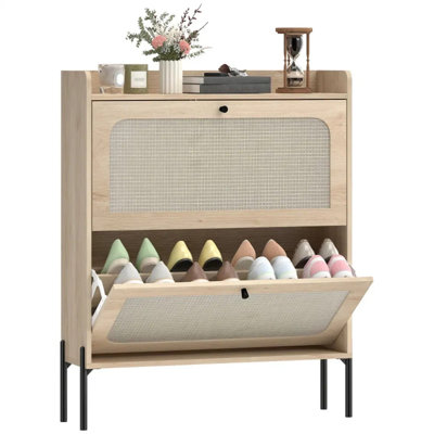 Narrow Rattan Shoe Storage Cabinet, Oak Finish Slim Entryway Shoe Cabinet with Adjustable Shelves, Anti‑Tipping Shoe Organizer Holds 12‑16 Pairs