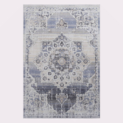 Collection Cream/Blue /Medallion Non-Shedding Living Room Bedroom Dining Home Office Stylish And Stain Resistant Area Rug
