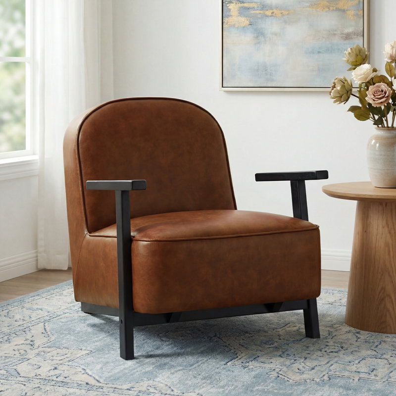 27.8"W Upholstered Solid Wood Chair Arm Chair for Living Room, Brown Leather