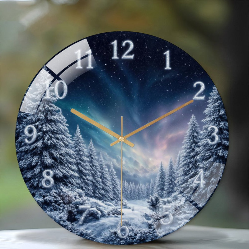 Hiver-Horloge-Aurora-Forest Art - horloge murale moderne en verre 12 po