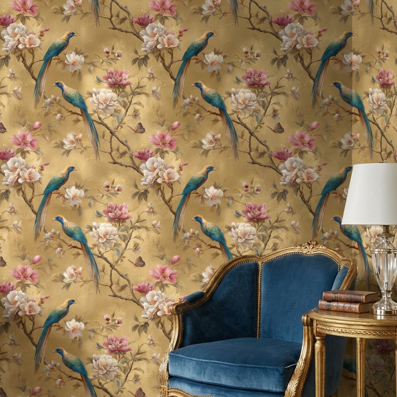 Papier peint floral oiseaux doubles muraux dorés amovibles