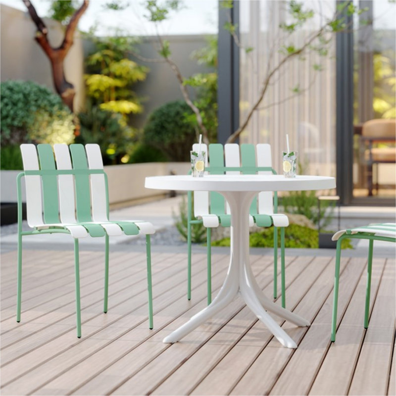Holiday - 4-Pack Modern Striped Color Block Chairs - Waterproof PP Seat & Sturdy Metal Legs, Indoor/Outdoor Dining Set for Patio, Balcony, Café (White & Green)
