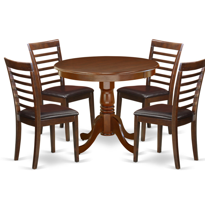 L'ensemble de mobilier de salle à manger 5 pièces comprend une table de cuisine ronde avec piédestal et 4 chaises de salle à manger rembourrées en similicuir, 36 x 36 pouces, acajou