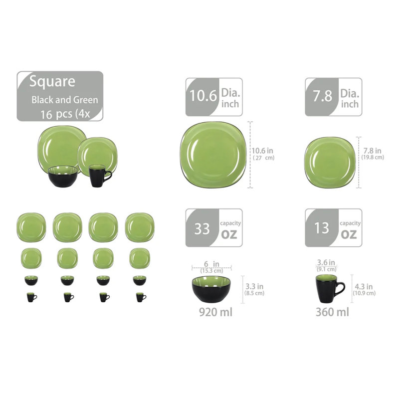 Service de table carré 16 pièces HomeVSS, Vert