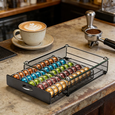 Nespresso Vertuo Pod Holder With Tempered Glass Top - 50 Capsule Storage Organizer For Vertuo Next, Plus, Evoluo - Space Saving Countertop Design
