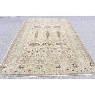 Tapis turc rétro tissé à la main de grande taille avec un design de salon en laine verte pour les espaces surdimensionnés