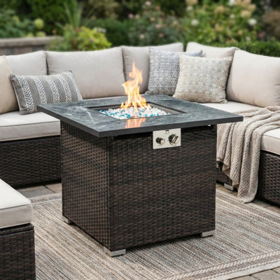 Pavyer 25" H x 30" W Square Outdoor Propane Fire Pit Table with Hideaway Gas Tank Seat, Marble Tabletop and Glass beads and Metal Lid
