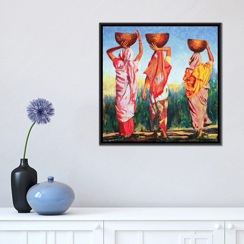 « three féminins », reproduction sur toile, H 18 po x l 18 po x P 1,5 po, Toile avec cadre noir, Pas de tapis