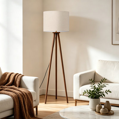 60.6'' Nordic Tripod Floor Lamp with Walnut Solid Wood Base & Linen Shade, Foot Switch, E26 Socket, UL Certified Modern Standing Lamp for Living Room, Bedroom, Study & Reading Nook