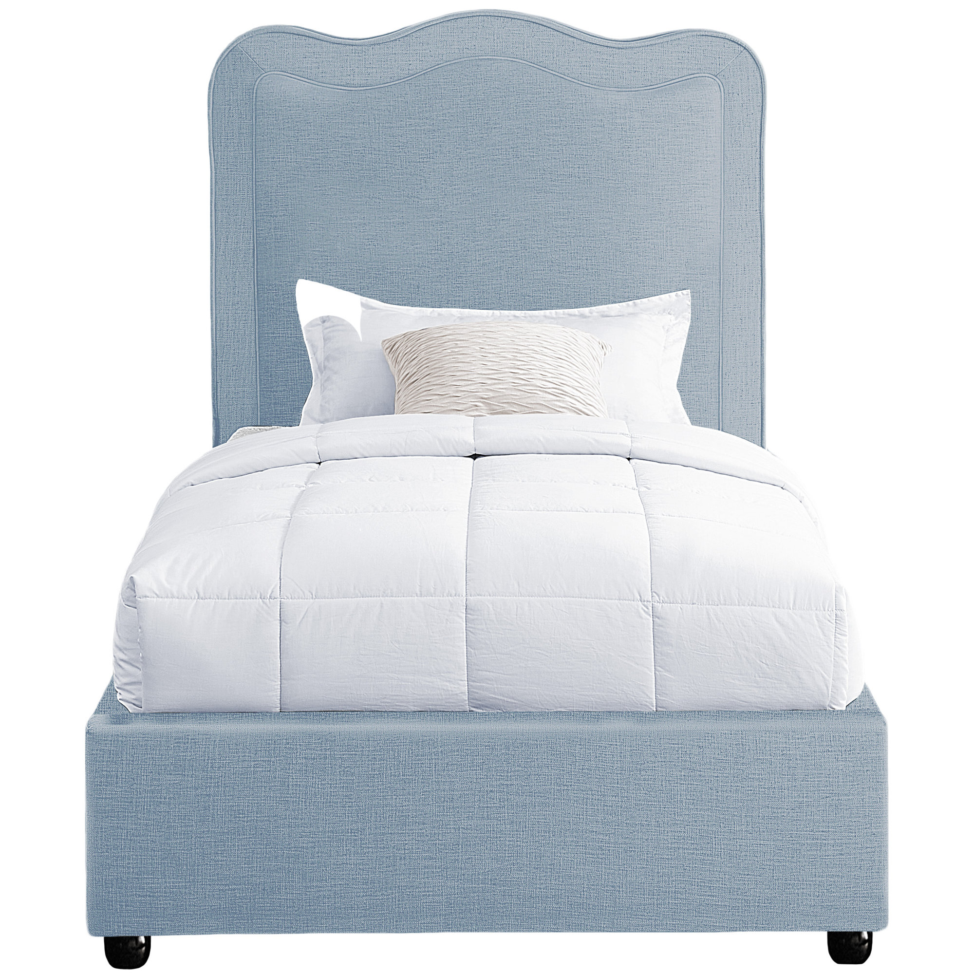 Upholstered Scalloped Bed, Light Blue Performance Linen, Twin